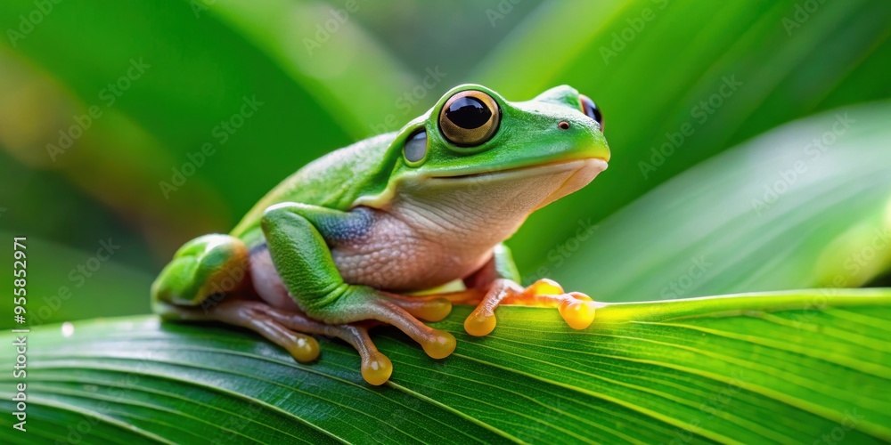 Vibrant green tree frog perched on a leaf, frog, amphibian, wildlife, nature, green, tree, wilderness, rainforest Vibrant green tree frog perched on a leaf, frog, amphibian, wildlife, nature, green, tree, wilderness, rainforest
