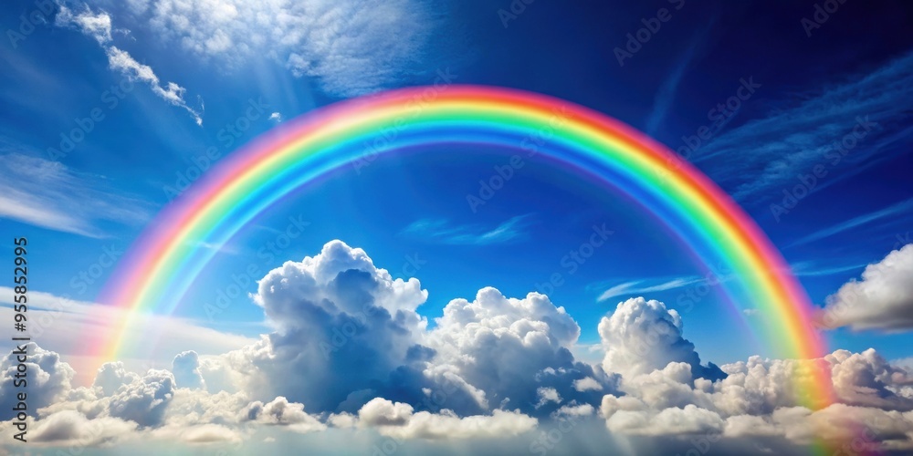 Vibrant rainbow arching over fluffy white clouds in a blue sky, rainbow, clouds, sky, colors, vibrant, nature, weather