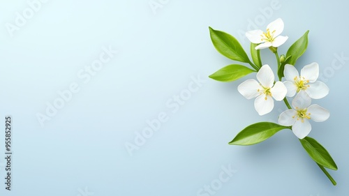 A white flower with green leaves is on a blue background