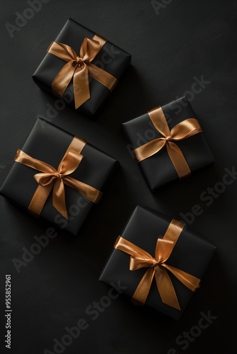 Black gift boxes with golden bows on a dark background 