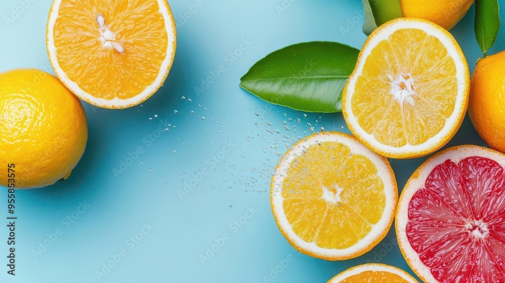Juicy citrus fruits being sliced open, droplets of juice spraying, bright and fresh, colorful and vibrant Juicy citrus fruits being sliced open, droplets of juice spraying, bright and fresh, colorful and vibrant