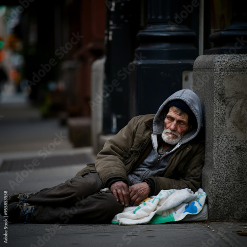 Homeless people sleeping on the street photo