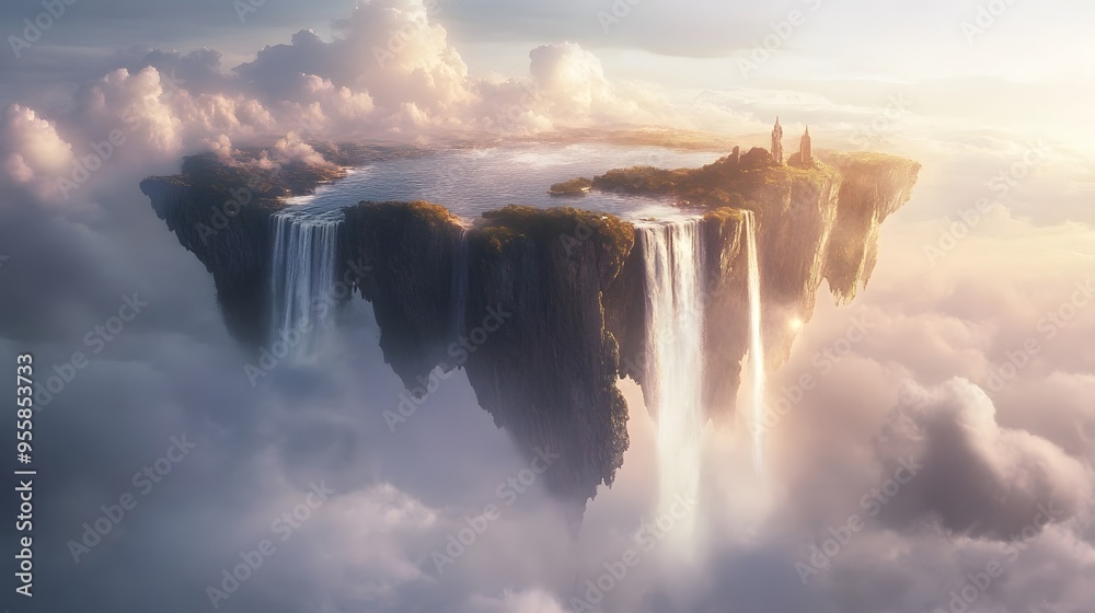 Fototapeta premium A floating island with a waterfall that flows into the sky, surrounded by mist and light