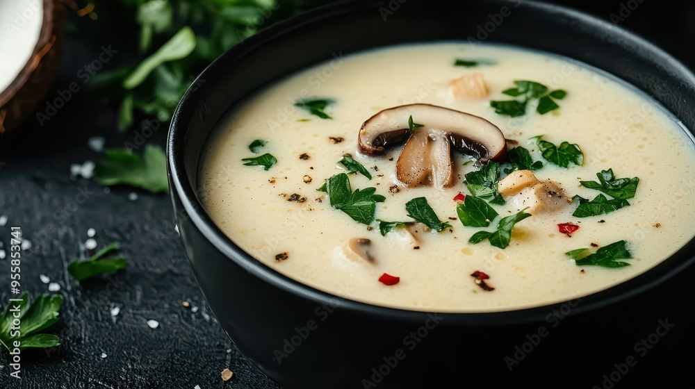 Creamy Mushroom Soup with Parsley and Pepper in a Black Bowl Creamy Mushroom Soup with Parsley and Pepper in a Black Bowl