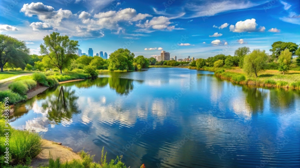Landscape panorama of Humboldt Park lagoon and nature preserve in Chicago, Humboldt Park, Chicago, lagoon Landscape panorama of Humboldt Park lagoon and nature preserve in Chicago, Humboldt Park, Chicago, lagoon