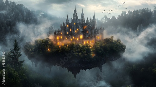 A floating castle surrounded by a misty forest, with glowing windows and birds flying around