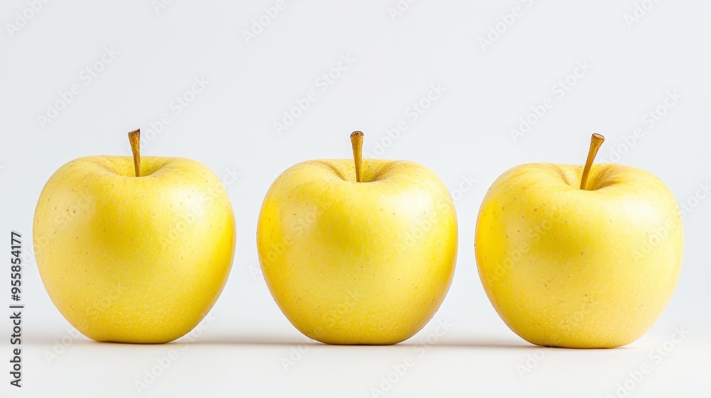 Three yellow apples are lined up on a white background Three yellow apples are lined up on a white background