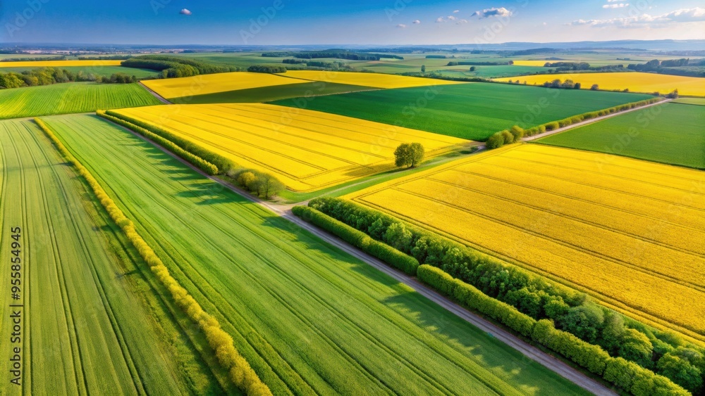 Fototapeta premium Aerial view of agriculture fields with blooming rapeseed and green wheat, agriculture, farming, crops, landscape, aerial view