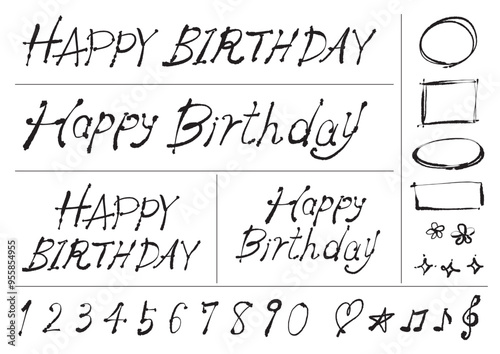 HAPPY BIRTHDAYの手書き文字および数字のセット-黒