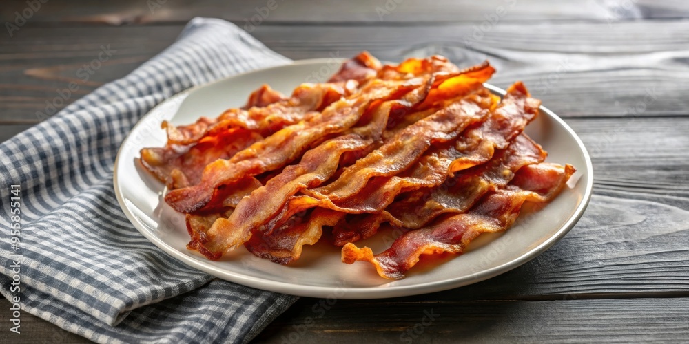 Crispy fried bacon strips served on a plate , delicious, breakfast, savory, salty, greasy, cooked, crispy, meat, pork Crispy fried bacon strips served on a plate , delicious, breakfast, savory, salty, greasy, cooked, crispy, meat, pork