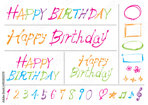 HAPPY BIRTHDAYの手書き文字および数字のセット-カラー