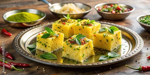 Festive Indian dhokla dish served on a silver platter with traditional accompaniments for an Indian celebration photo