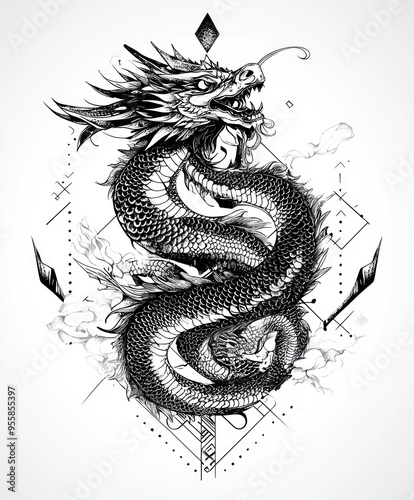 A detailed illustration of a dragon entwined with geometric patterns and clouds.