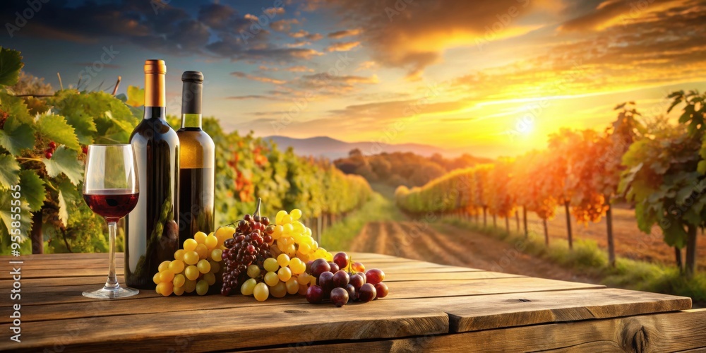 Fototapeta premium Ripe grapes and wine bottles on a wooden table with scenic vineyard backdrop at sunset , grapes, wine bottles, wooden table
