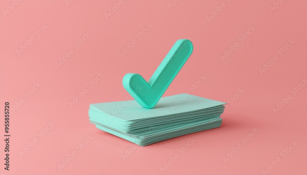 A minimalist illustration featuring a teal checkmark atop a stack of pale green paper against a soft pink backdrop. A minimalist illustration featuring a teal checkmark atop a stack of pale green paper against a soft pink backdrop.