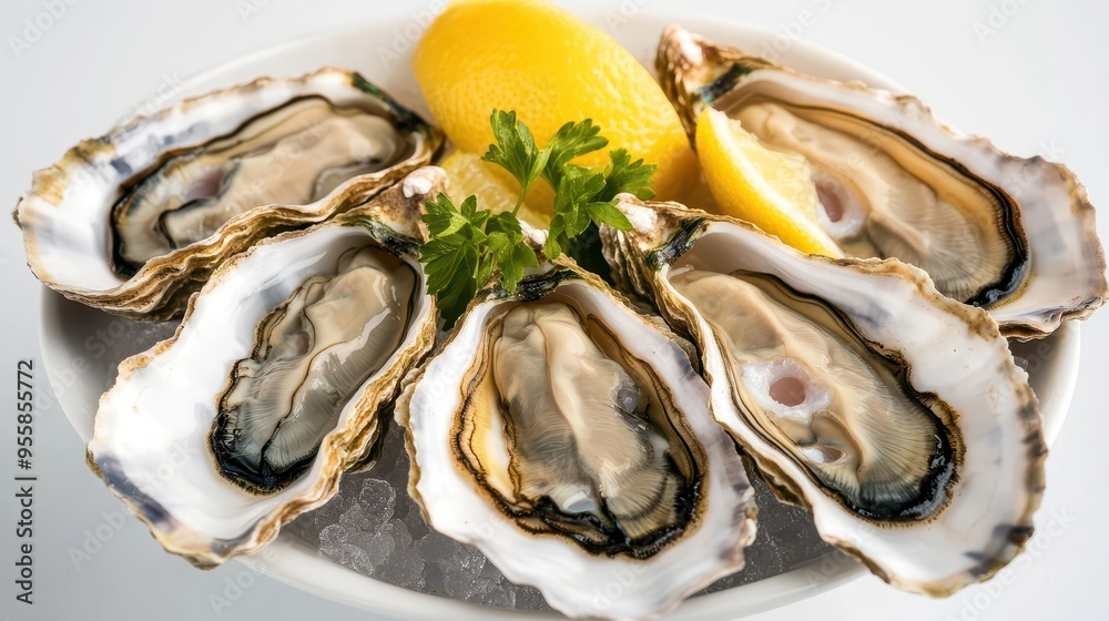 Juicy fresh oysters on the half shell, served with a squeeze of lemon, cold and refreshing Juicy fresh oysters on the half shell, served with a squeeze of lemon, cold and refreshing