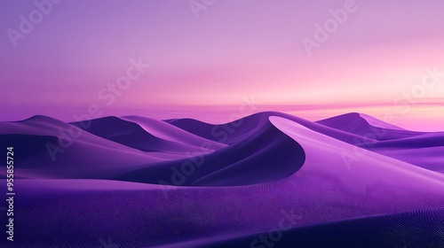 A surreal landscape with a desert where the sand dunes are shaped like waves, under a purple sky photo