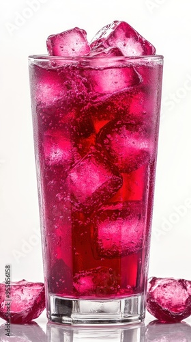 Glass of Pink Fizzy Drink with Ice Cubes photo