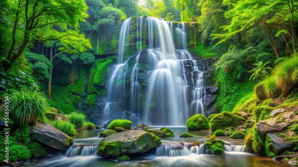 Serene waterfall cascading down lush green rocks surrounded by vibrant foliage , Waterfall, Landscape, Scenic, Nature Serene waterfall cascading down lush green rocks surrounded by vibrant foliage , Waterfall, Landscape, Scenic, Nature