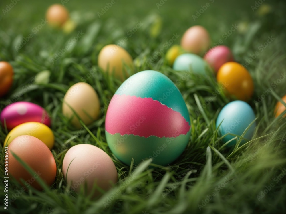 joy of Easter with a colorful Easter egg on grass joy of Easter with a colorful Easter egg on grass