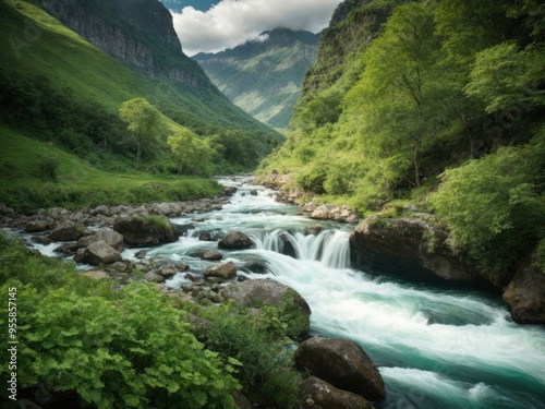 Long river of the waterfall between green mountains