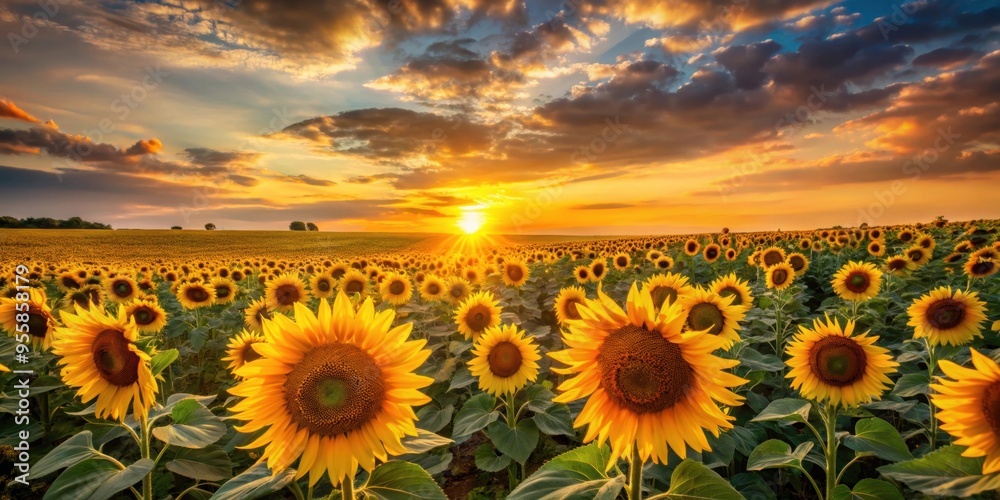 Fototapeta premium Sunflower field glowing in the warm hues of sunset , Sunflowers, field, summer, landscape, sunset, nature, vibrant, colorful