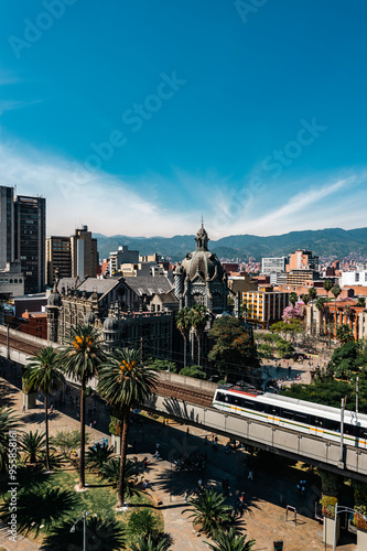 Medellin, Antioquia, Colombia. January 17, 2024: Palace of Culture and Medellin Metro.