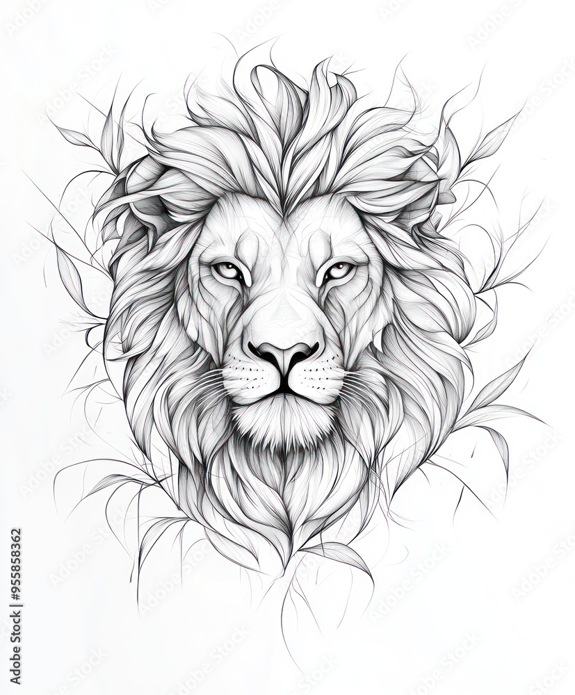 Fototapeta premium A detailed line art illustration of a lion's head surrounded by flowing foliage.