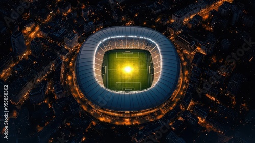 A stadium at night surrounded by city lights, the field glowing brightly in the center, photorealistic, hyper-resolution, vibrant and electrifying urban landscape photo