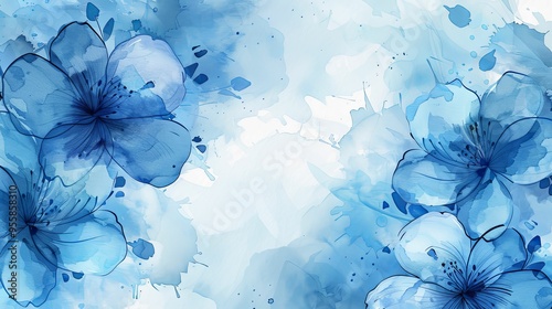 Fototapeta Naklejka Na Ścianę i Meble -  Abstract Watercolor Blue Flowers with White Background