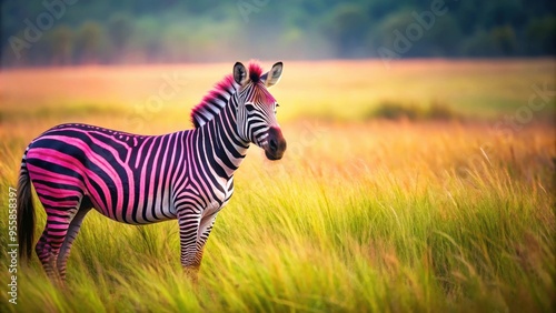 Pink zebra with vibrant stripes standing out in the grass, pink, zebra, animal, stripes, unique, wildlife, unusual, colorful