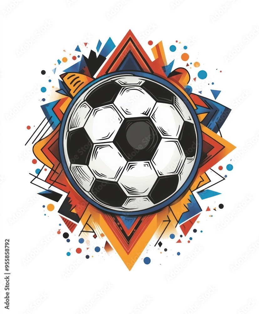 Obraz premium A stylized soccer ball surrounded by vibrant geometric shapes and colors.