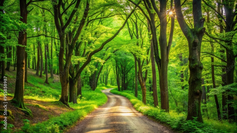 A winding forest path through a lush green canopy of trees, nature, journey, trail, tranquility, exploration, adventure, walking A winding forest path through a lush green canopy of trees, nature, journey, trail, tranquility, exploration, adventure, walking