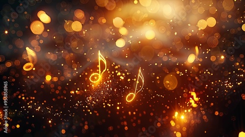 Golden Music Notes and Sparkling Lights on a Dark Background