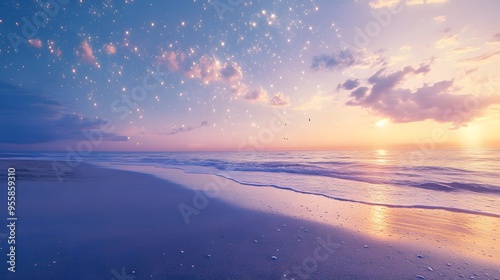 A tranquil beach with sand that sparkles like diamonds, under a sky filled with shooting stars