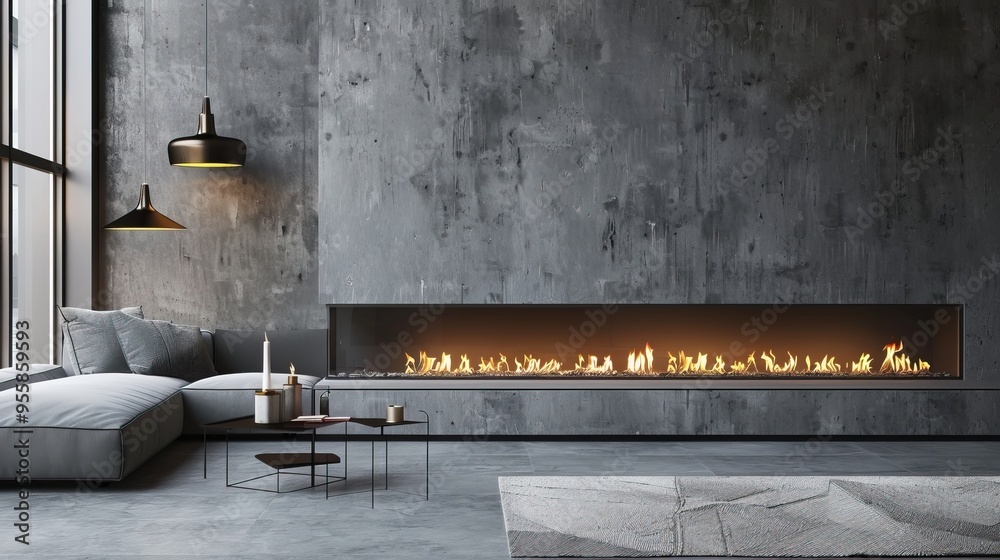Modern Minimalist Living Room with Concrete Walls, Cozy Sofa, and Warm Fireplace Modern Minimalist Living Room with Concrete Walls, Cozy Sofa, and Warm Fireplace