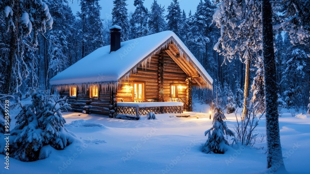 Cozy Log Cabin in Snowy Winter Forest with Icicles Cozy Log Cabin in Snowy Winter Forest with Icicles