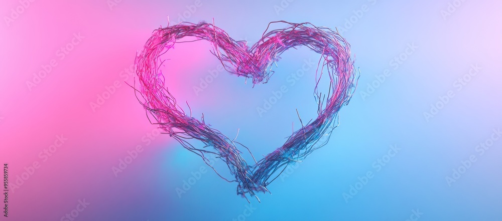 a heart made of wires, pastel background, banner design, neon pink and blue gradient a heart made of wires, pastel background, banner design, neon pink and blue gradient