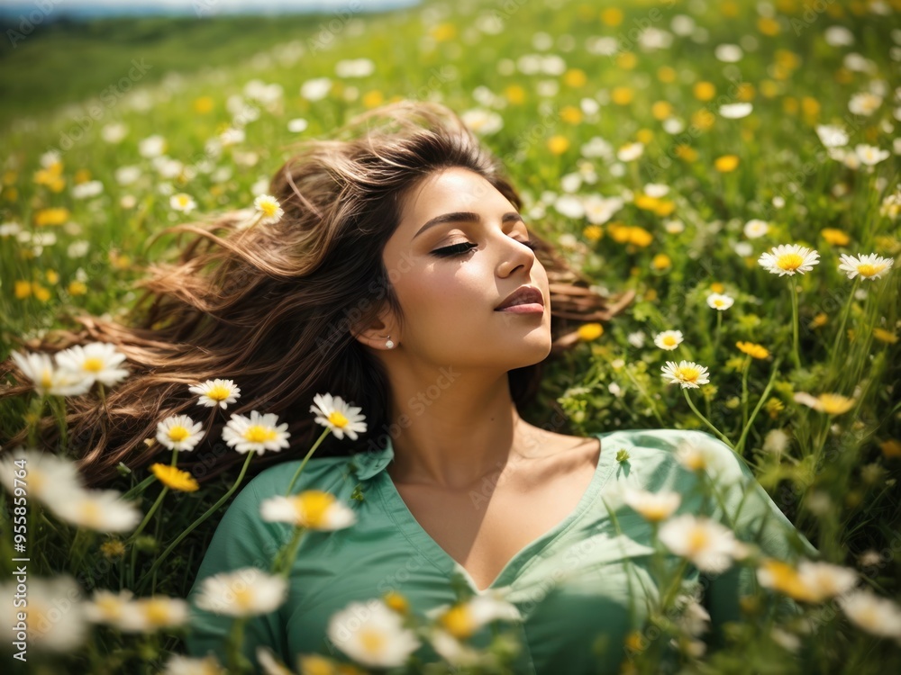 women in field of green grass and blooming daisies and dandelions women in field of green grass and blooming daisies and dandelions