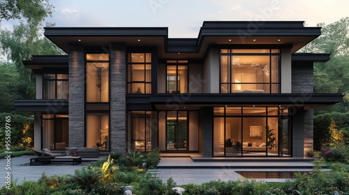 Modern house with large windows and outdoor space at twilight.