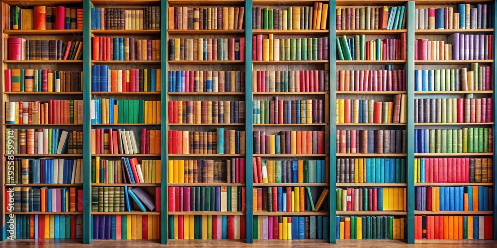 Full frame view of bookshelves filled with colorful books in a vibrant world of intellectual knowledge, knowledge