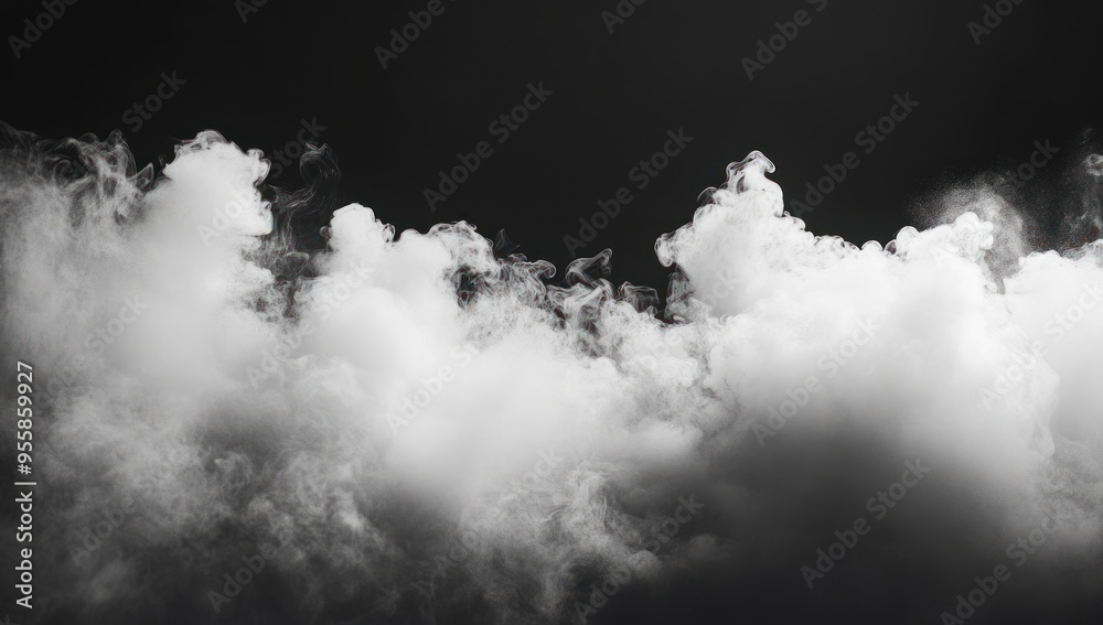 A large cloud of smoke on black background, with a white and gray color scheme