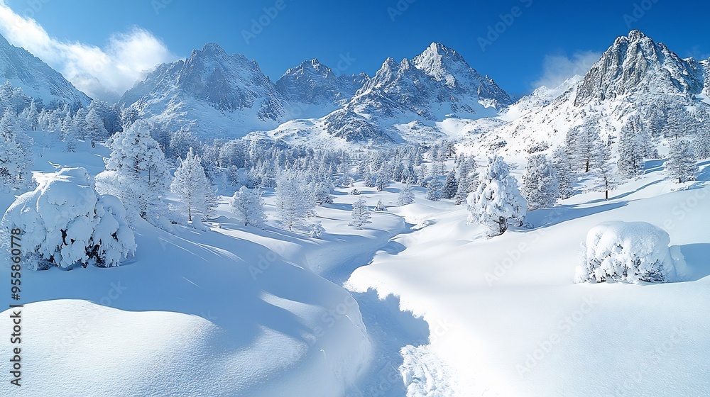 Majestic snowy mountains under bright blue sky with crisp white snow everywhere Majestic snowy mountains under bright blue sky with crisp white snow everywhere