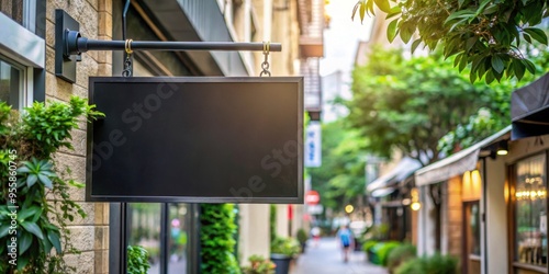 Blank black sign hanging on the wall of a street shop surrounded by lush greenery and light traffic , blank, black, sign