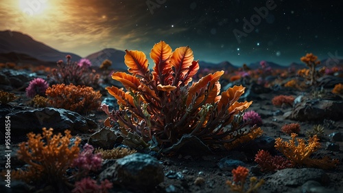 Alien flora. Strange colorful plants growing on distant planets, unique shapes, glowing leaves, otherworldly characteristics. Realistic style. photo