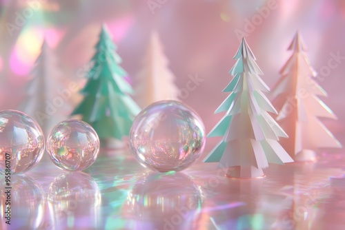 A holographic Christmas scene with paper trees and glass spheres, set against an iridescent background photo