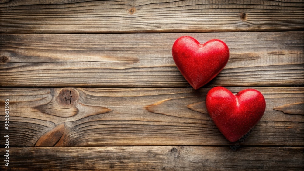 Fototapeta premium Two red hearts symbolizing love and romance on a rustic wooden background , Valentine's Day, love, romance