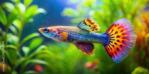 Peaceful underwater scene of a colorful pez guppy swimming in a serene aquatic environment , tranquil, underwater, fish