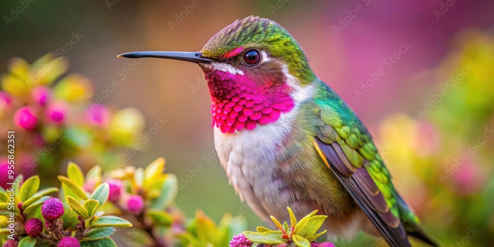 Obraz premium Close-up of a vibrant Calliope Hummingbird perched on a bush in Oaxaca, Mexico , hummingbird, Calliope, Selasphorus calliope