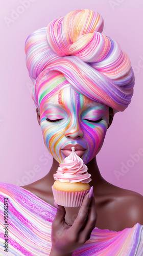 A beautiful black woman, in rainbow colors, holding a cupcake. AI generative